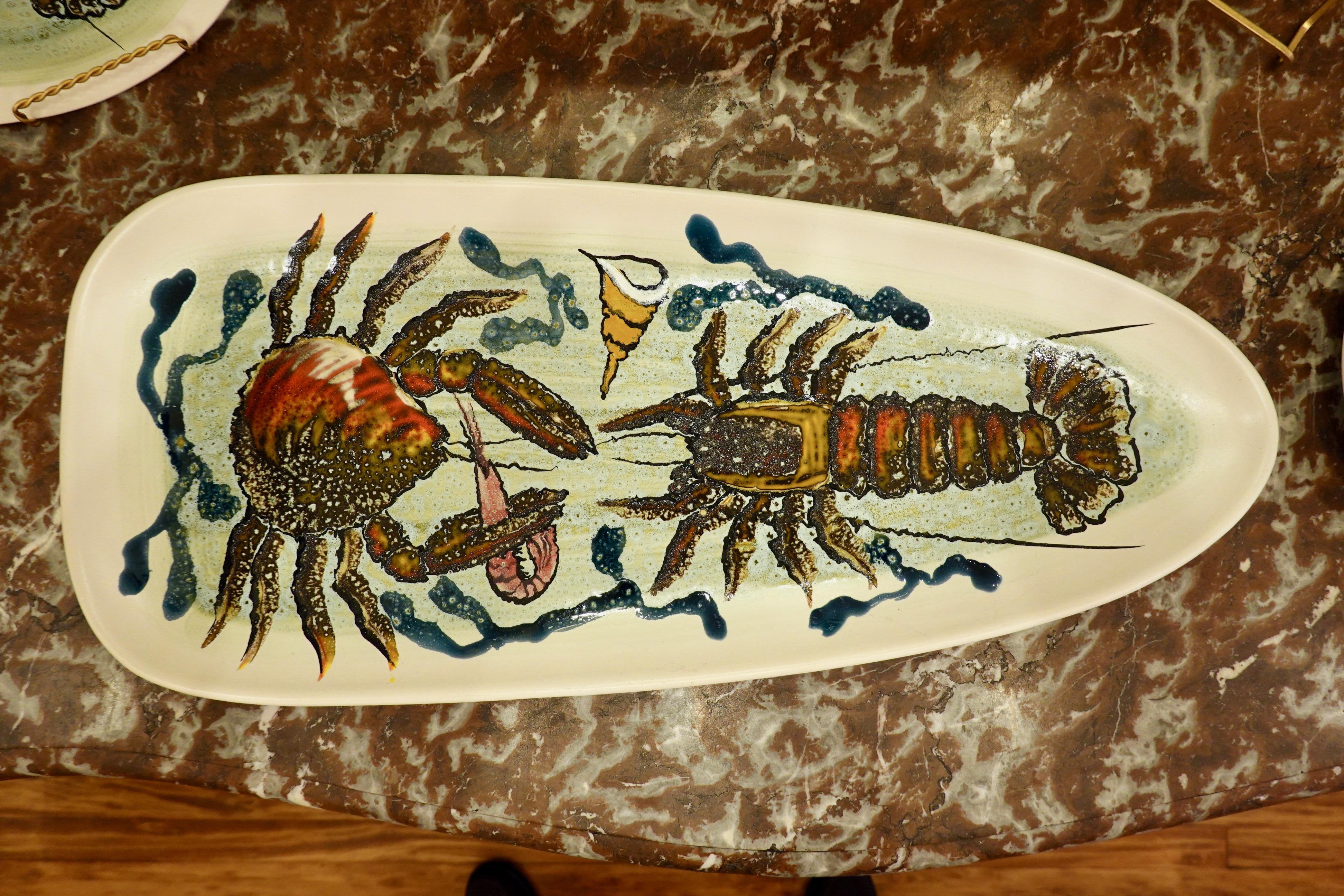 Mid-Century Modern 14 Piece Faience Fish Service with Hand-Painted Shellfish from Brittany For Sale