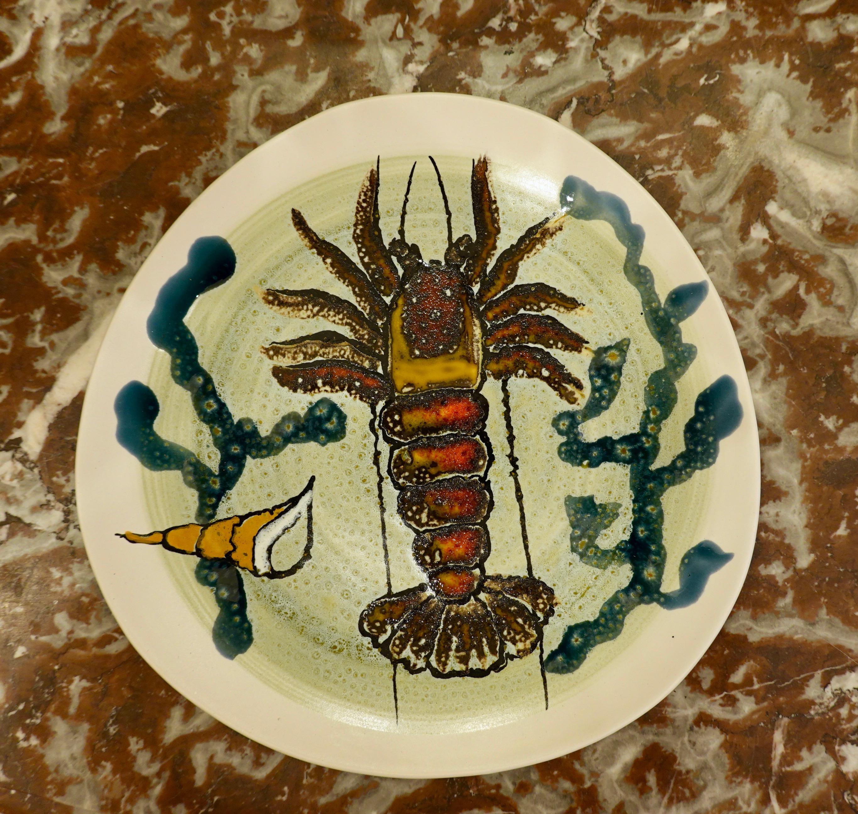 French 14 Piece Faience Fish Service with Hand-Painted Shellfish from Brittany For Sale