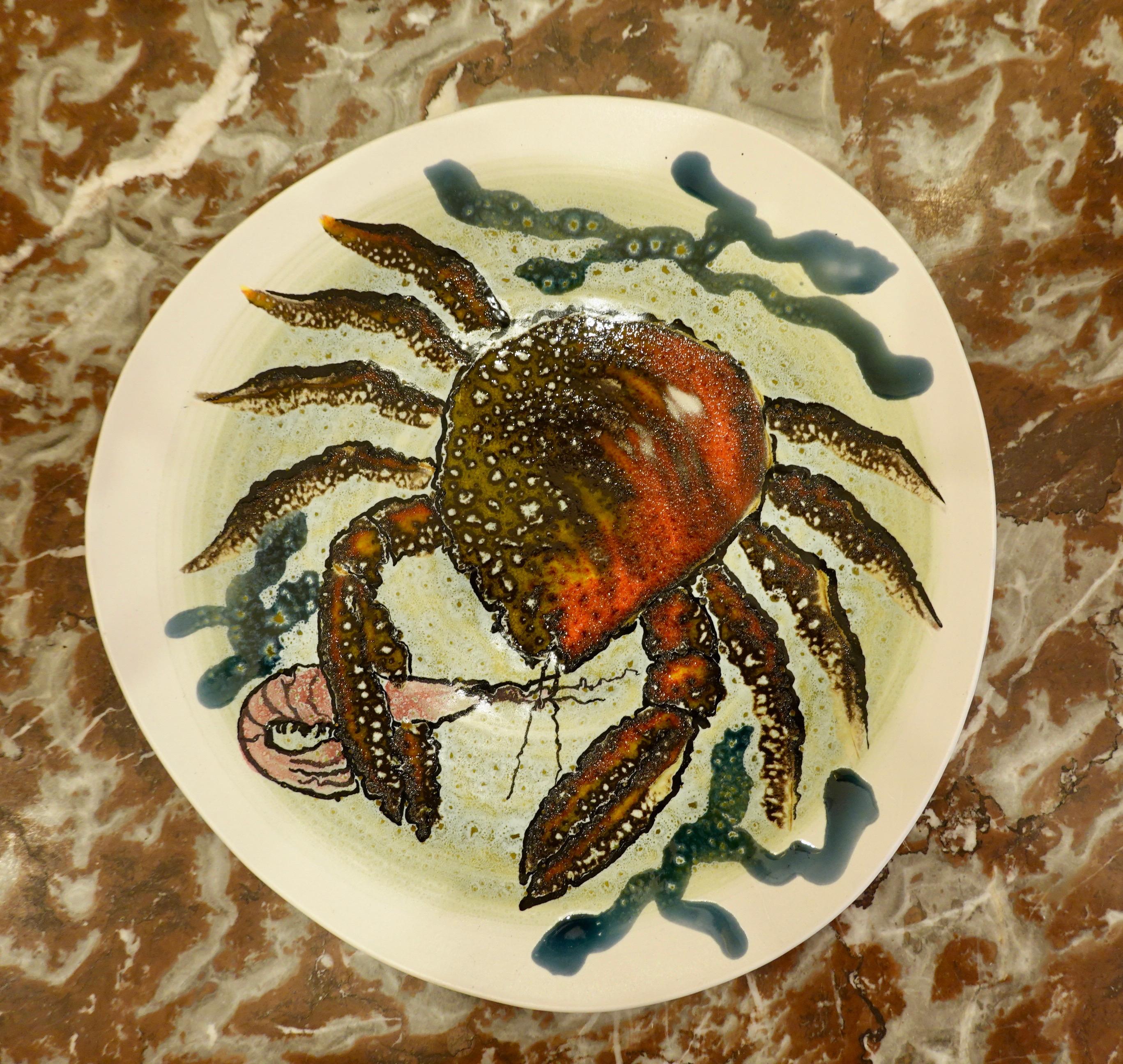 20th Century 14 Piece Faience Fish Service with Hand-Painted Shellfish from Brittany For Sale