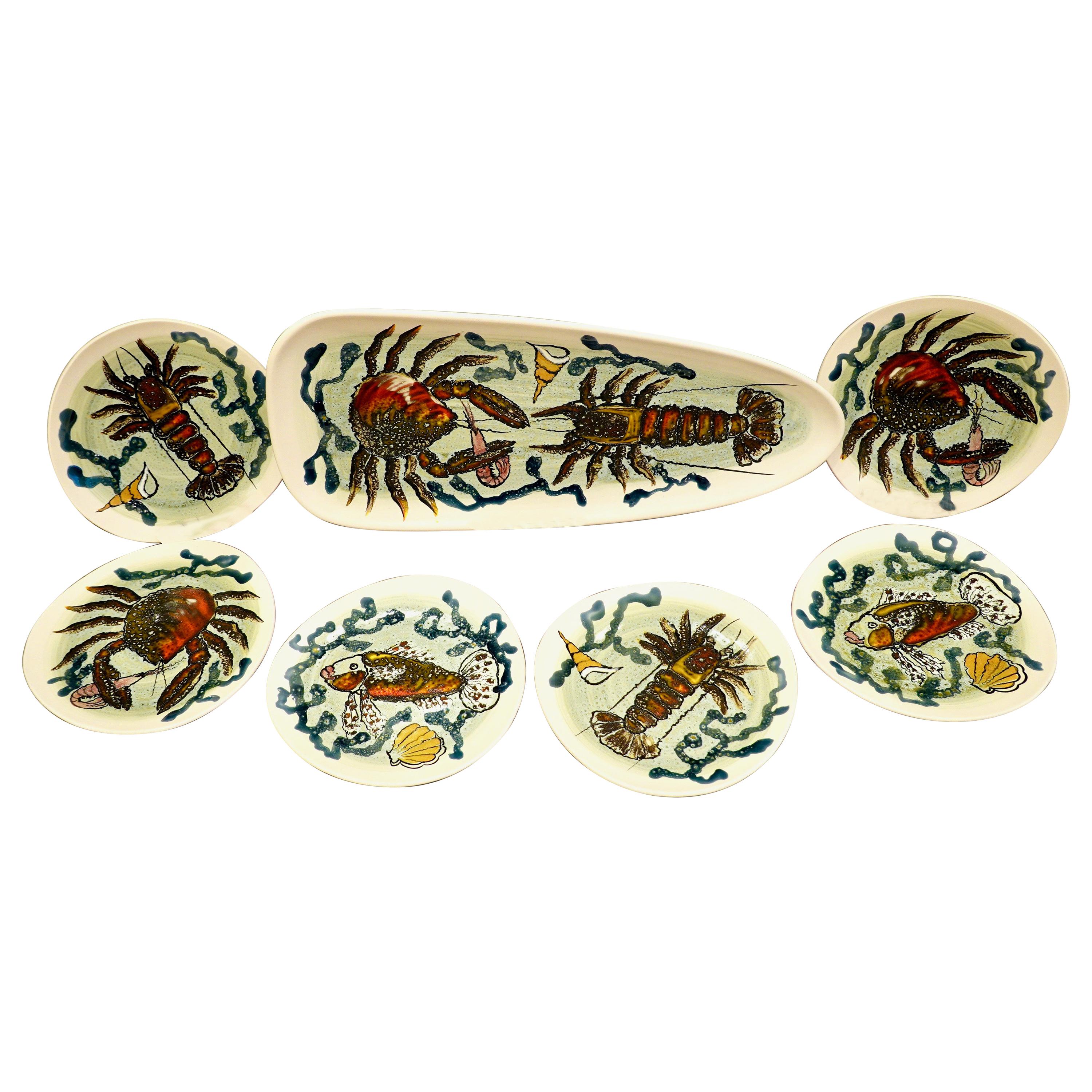 14 Piece Faience Fish Service with Hand-Painted Shellfish from Brittany For Sale