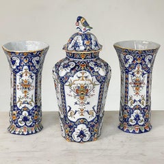 Faience Garniture from Rouen ~ Pair of Ceramic Vases with Matching Lidded Urn