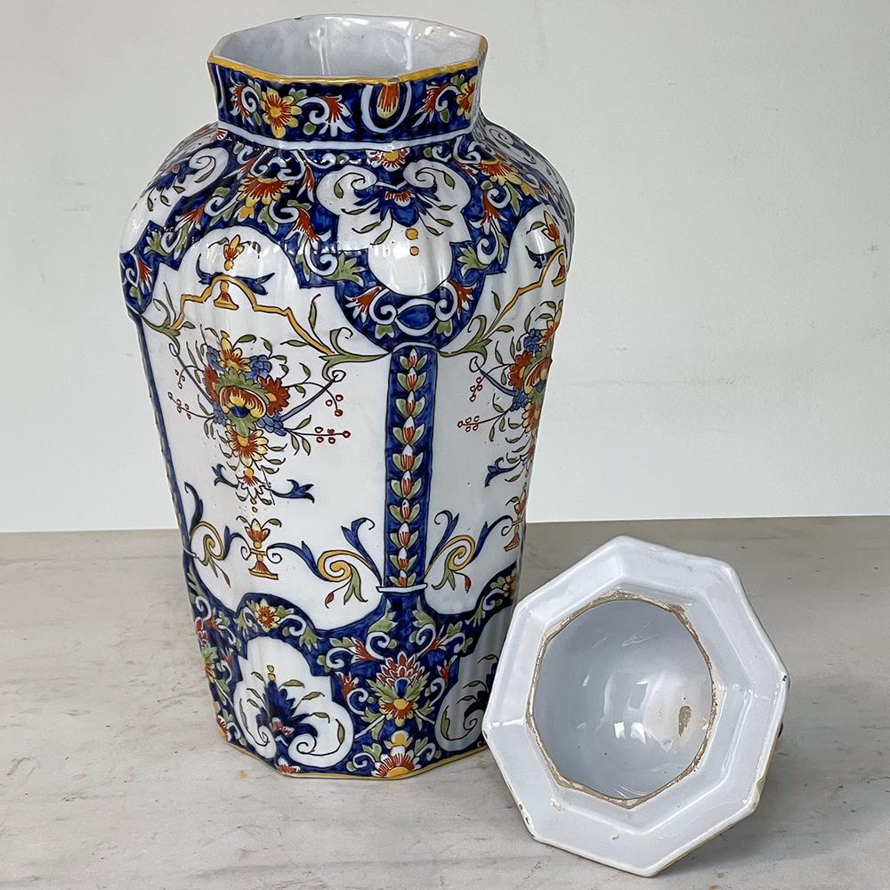 Hand-Painted Faience Garniture from Rouen ~ Pair of Ceramic Vases with Matching Lidded Urn
