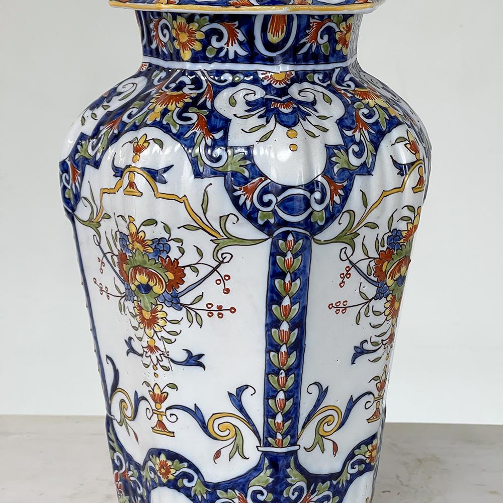 Faience Garniture from Rouen ~ Pair of Ceramic Vases with Matching Lidded Urn In Good Condition In Dallas, TX