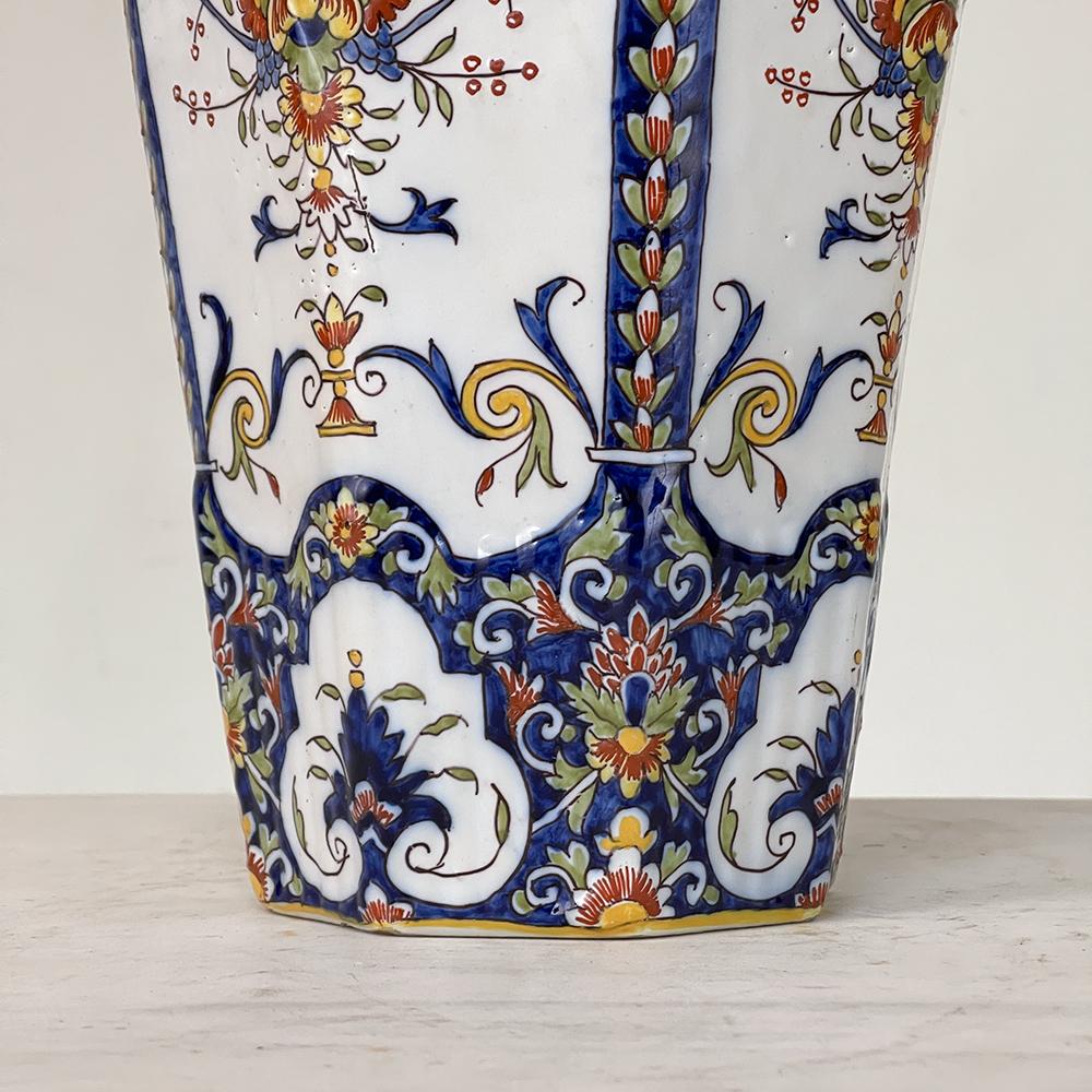 20th Century Faience Garniture from Rouen ~ Pair of Ceramic Vases with Matching Lidded Urn