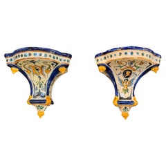 Antique Faience Hanging Brackets, Polychrome, 19th C. Ginori