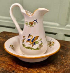 Faience Pitcher and Bowl Hand Painted, Secretary Bird
