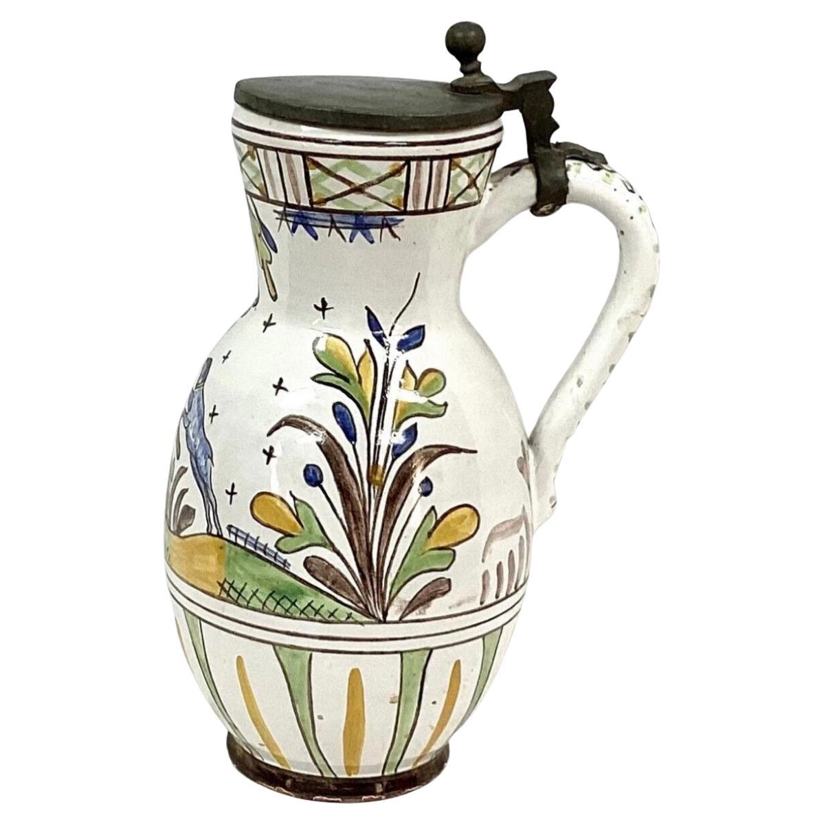 Faience Polychrome Decorated Beer Stein With Pewter Lid and Handle For Sale 3