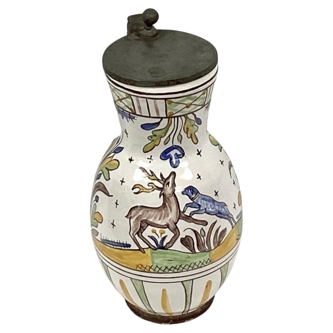 German Faience Polychrome Decorated Beer Stein With Pewter Lid and Handle For Sale