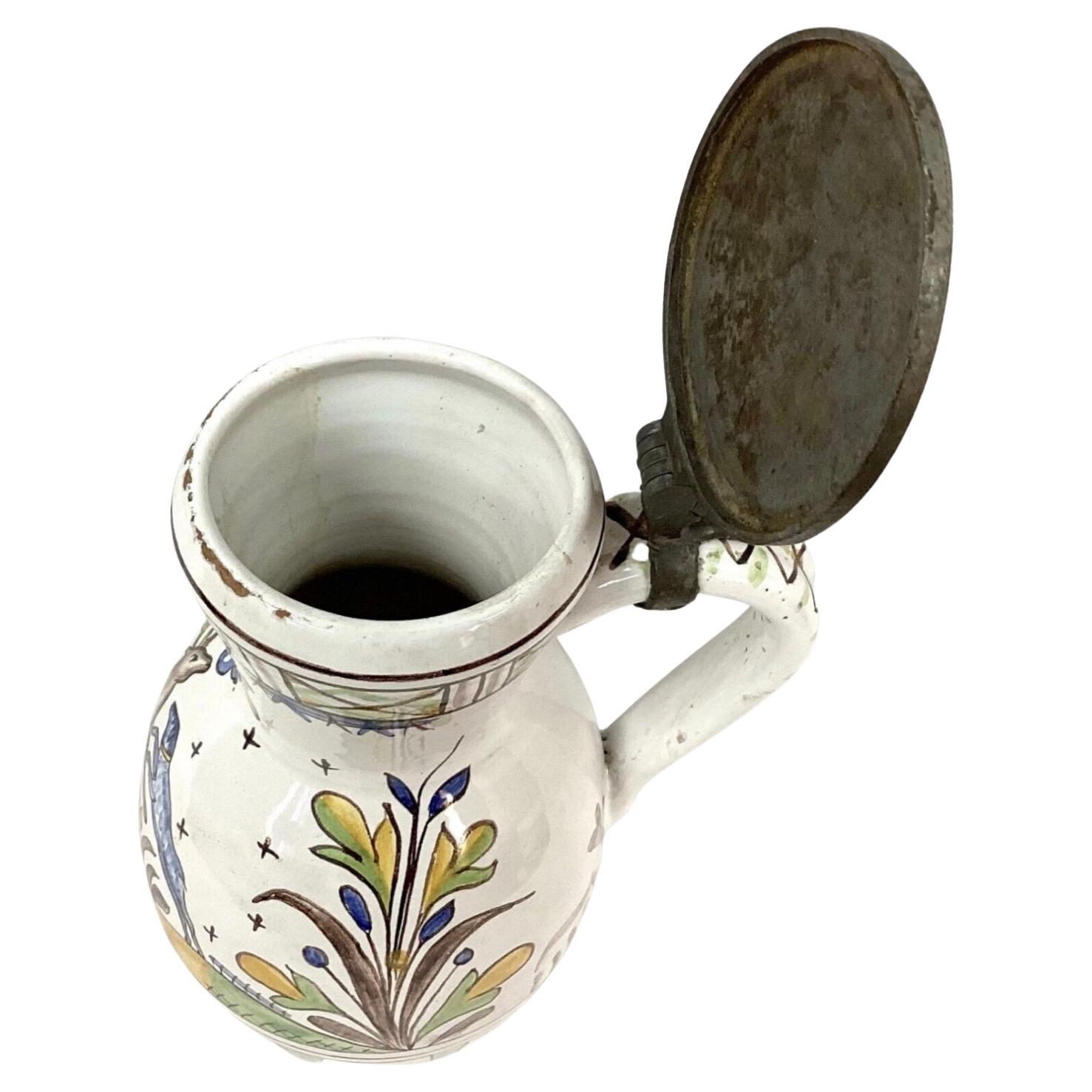 19th Century Faience Polychrome Decorated Beer Stein With Pewter Lid and Handle For Sale