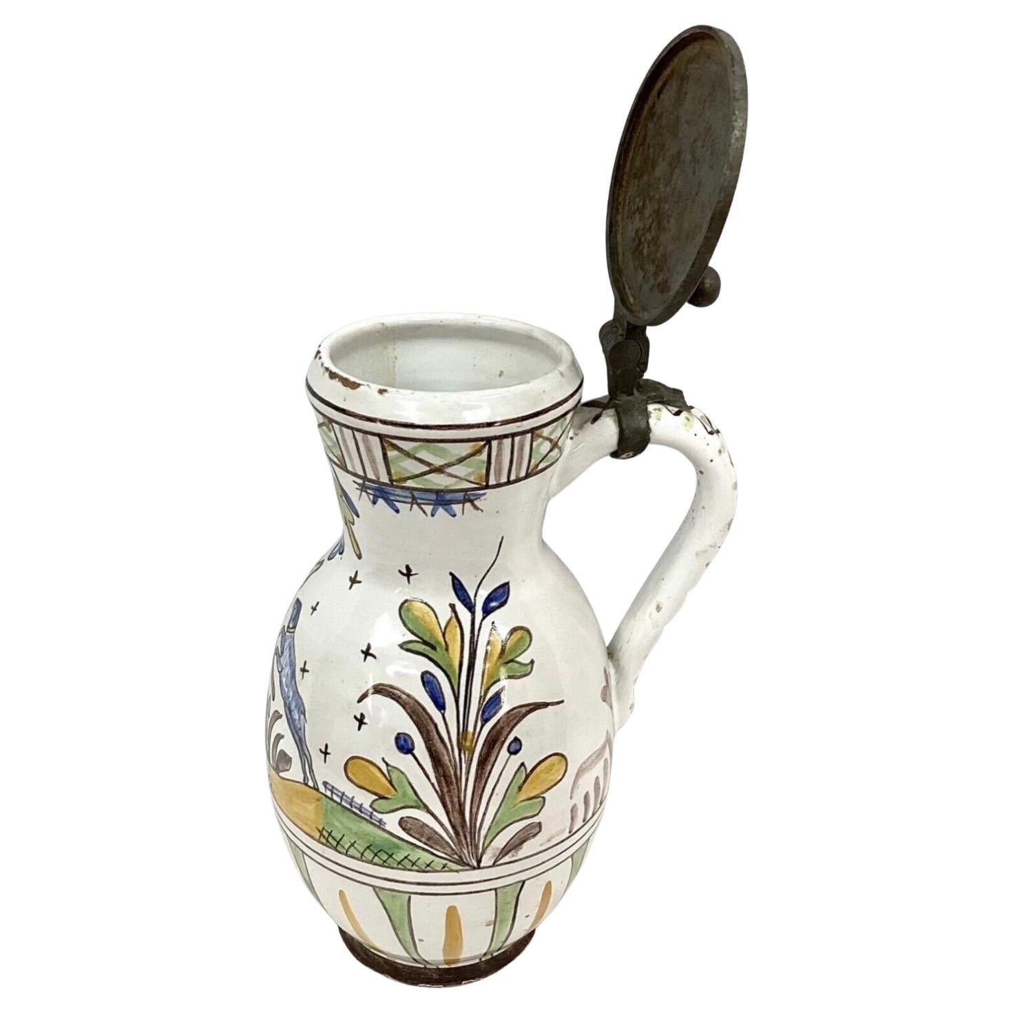 Ceramic Faience Polychrome Decorated Beer Stein With Pewter Lid and Handle For Sale