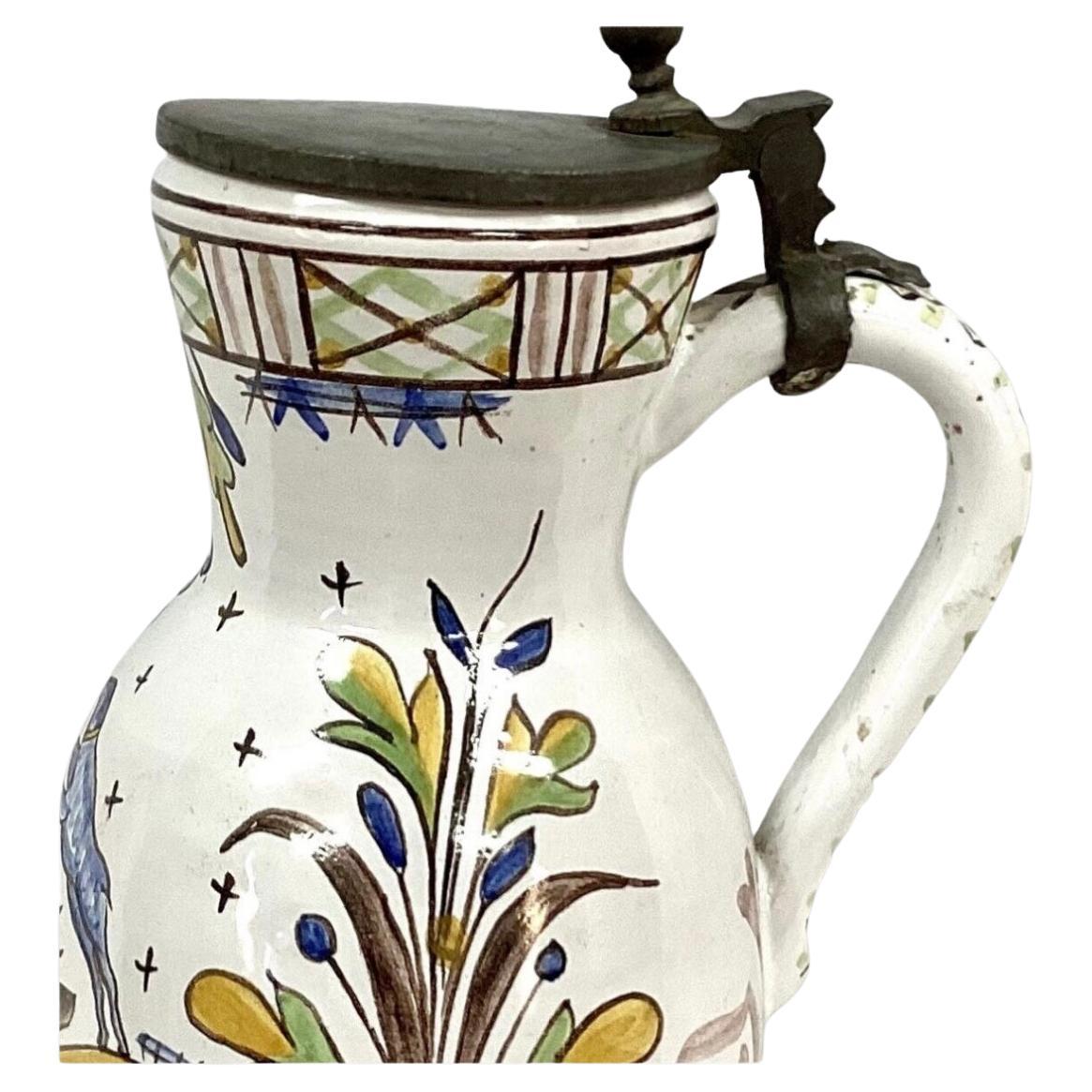 Faience Polychrome Decorated Beer Stein With Pewter Lid and Handle For Sale 1