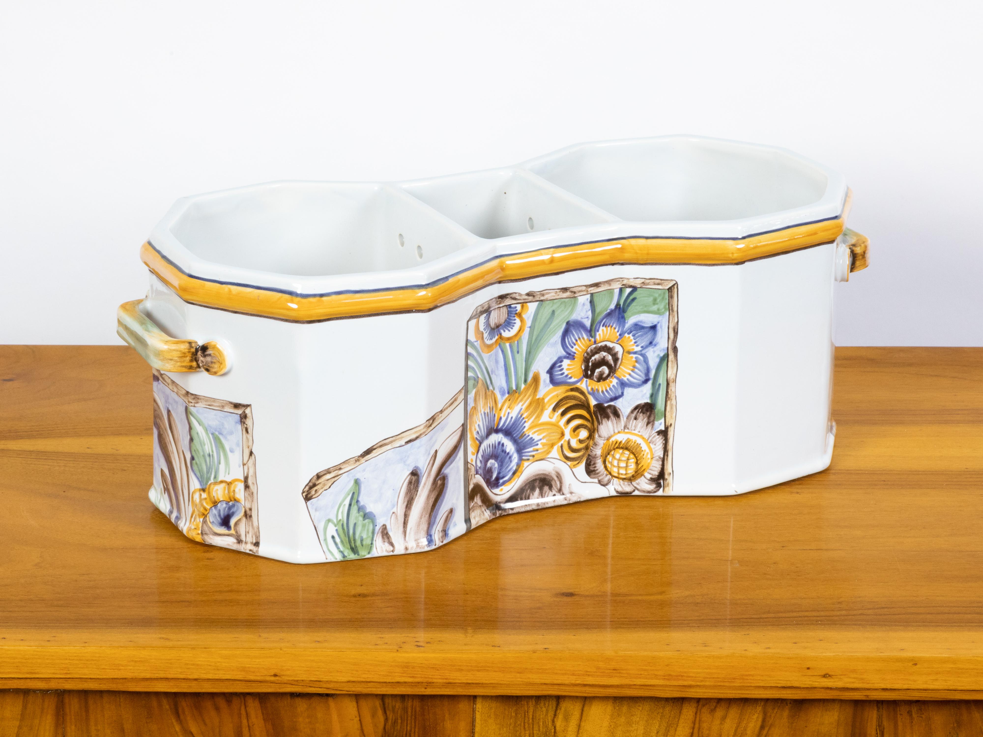 20th Century Faïence Tiffany & Co Wine Cooler Hand Painted with Floral Motifs in France For Sale