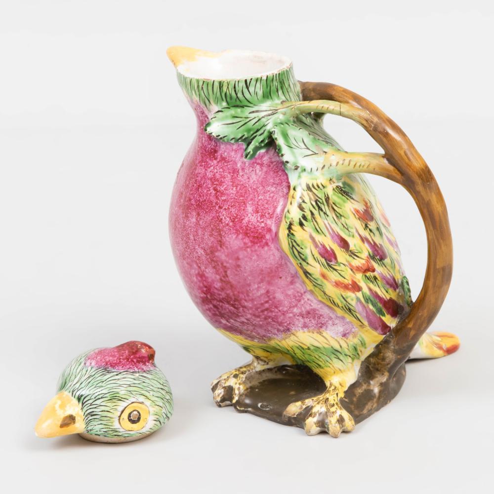 Late 18th Century Faience Tromp L'oeil Jug in the Form of a Parrot, Proskau Poland For Sale