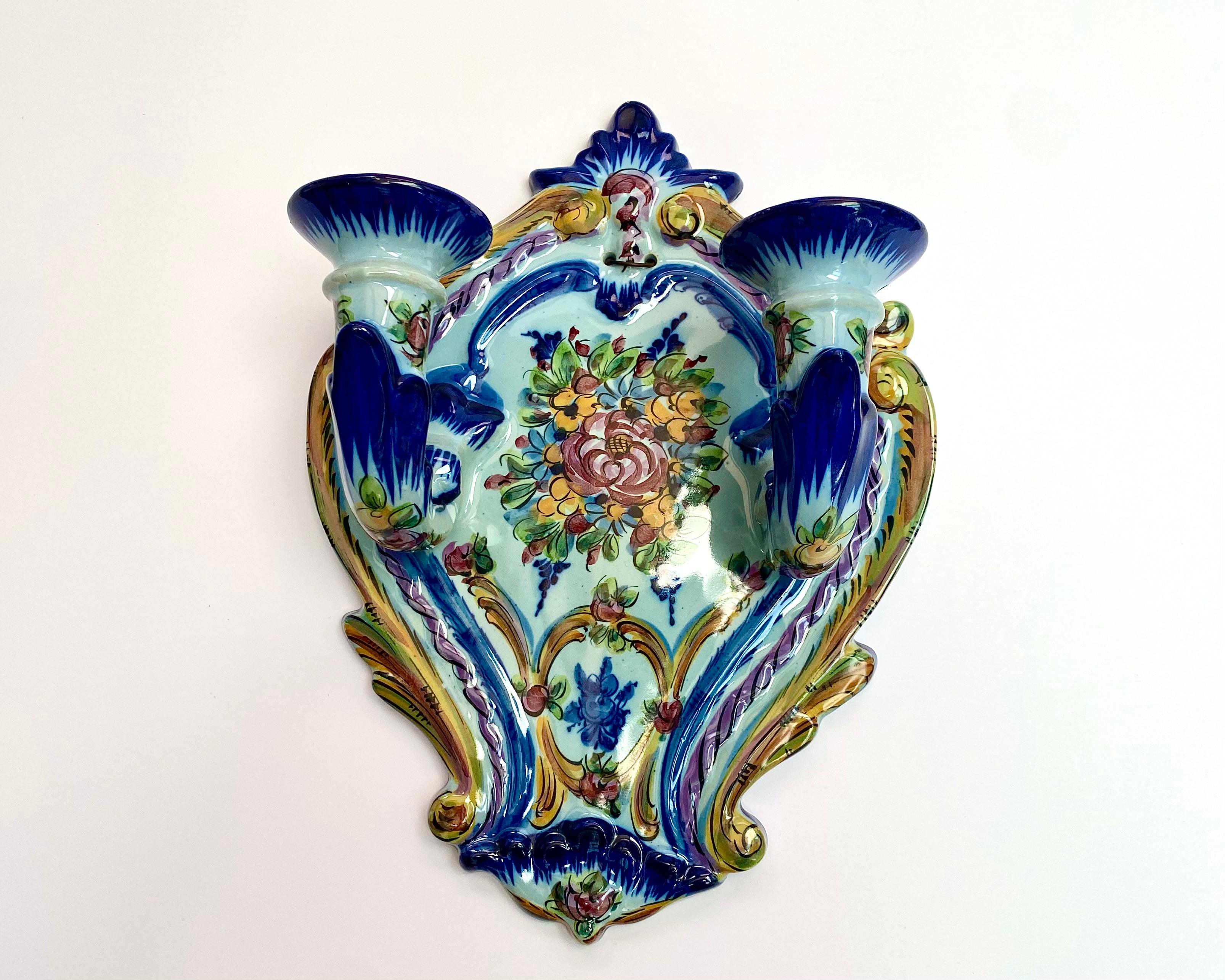 Portuguese Faience Wall Candle Holders Set 2, Portugal, 1960s For Sale
