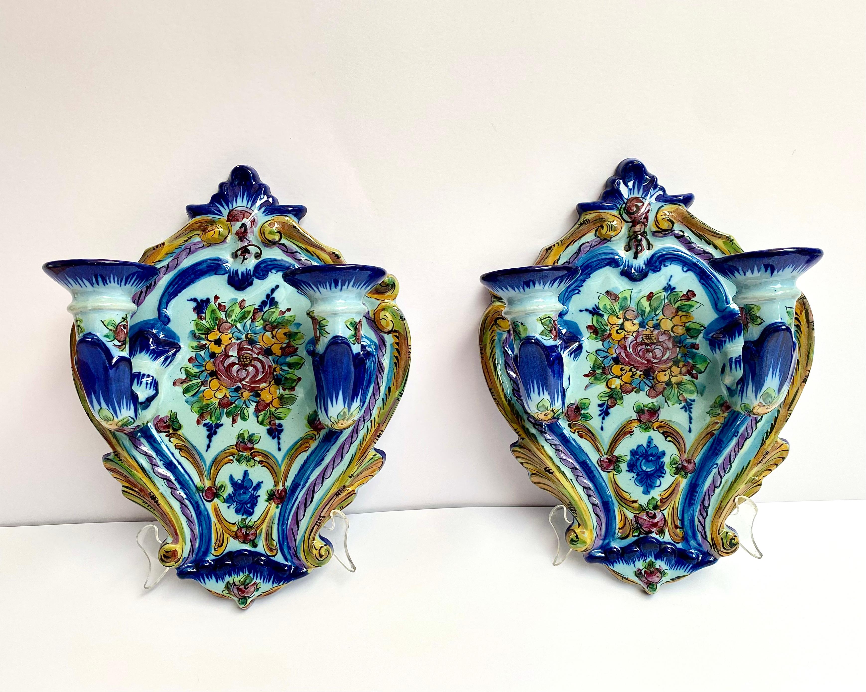 Faience Wall Candle Holders Set 2, Portugal, 1960s In Excellent Condition For Sale In Bastogne, BE