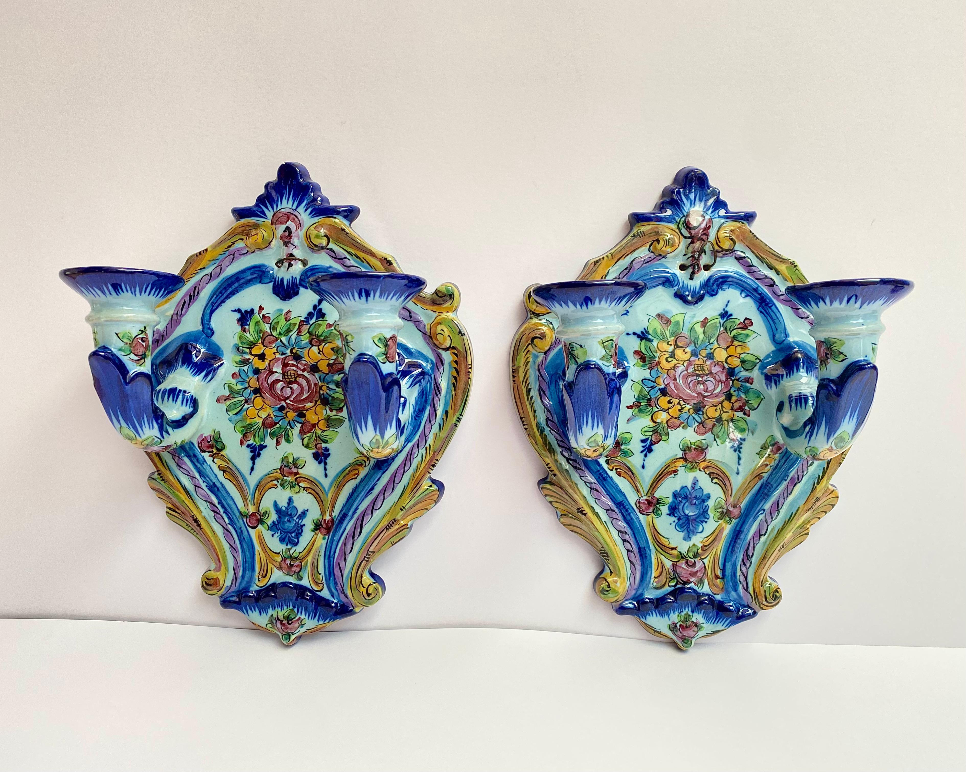 Mid-20th Century Faience Wall Candle Holders Set 2, Portugal, 1960s For Sale