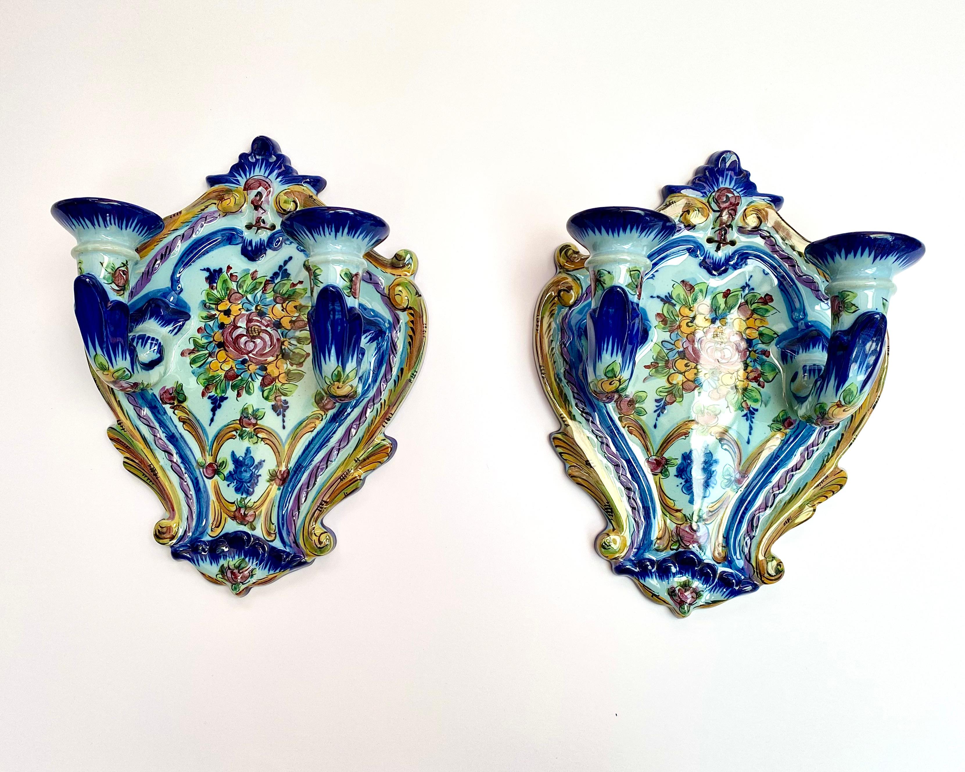 Faience Wall Candle Holders Set 2, Portugal, 1960s For Sale 2