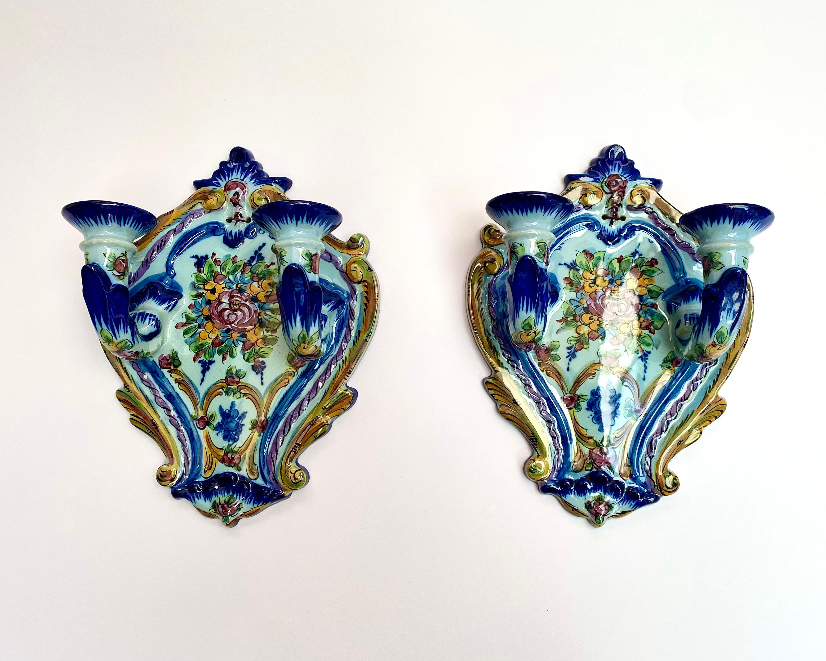 Faience Wall Candle Holders Set 2, Portugal, 1960s For Sale 3