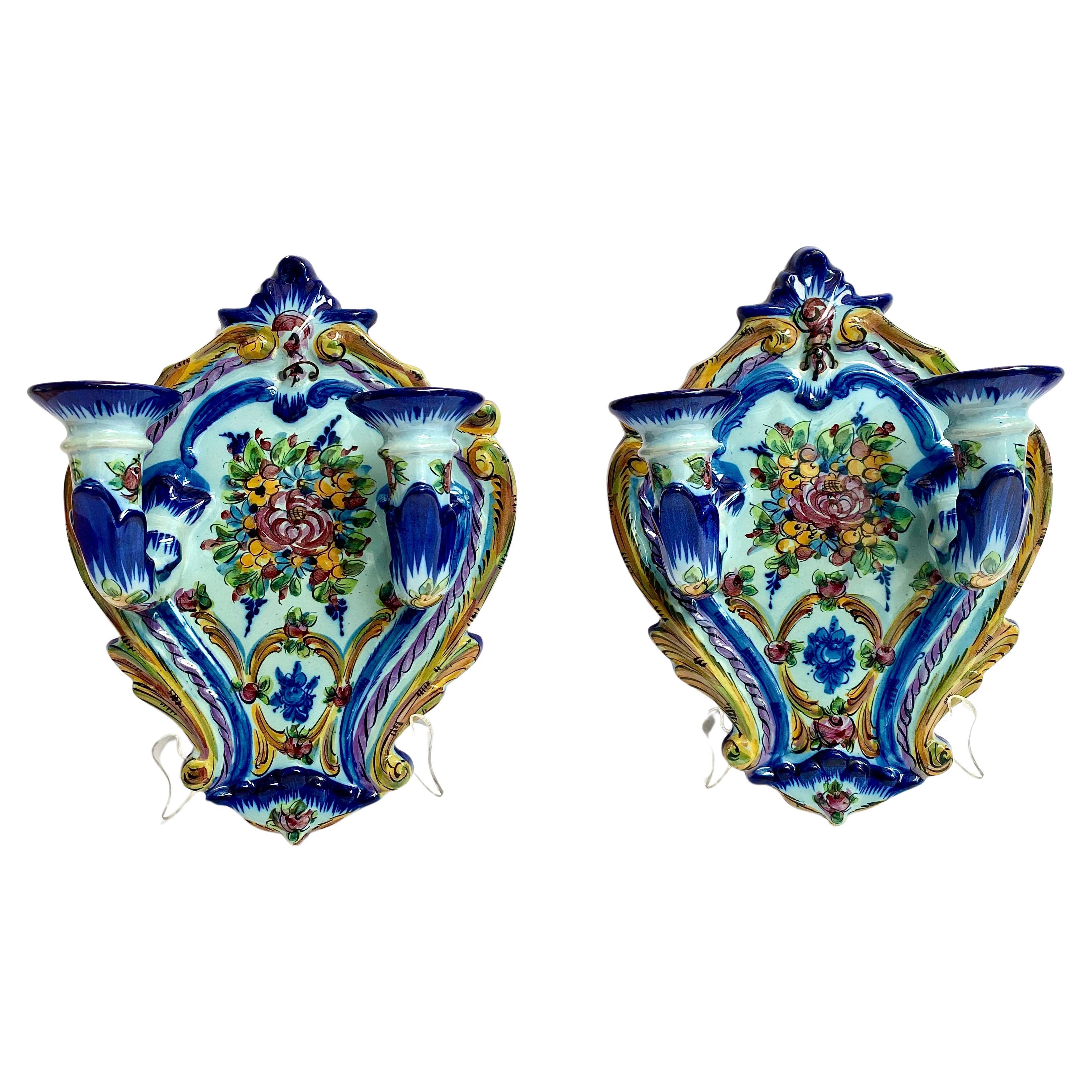 Faience Wall Candle Holders Set 2, Portugal, 1960s For Sale