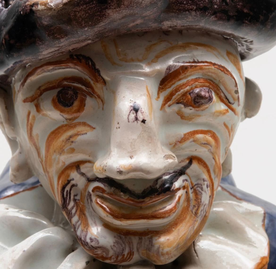 French Provincial Faience Water Vessel, “Pulcinella”, 18th Century For Sale