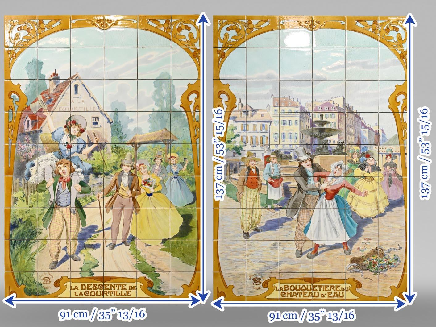FAÏENCERIE DE SARREGUEMINES, Zwei keramische Tafeln mit Pariser Szenen, aus dem Jahr 1881 im Angebot 6