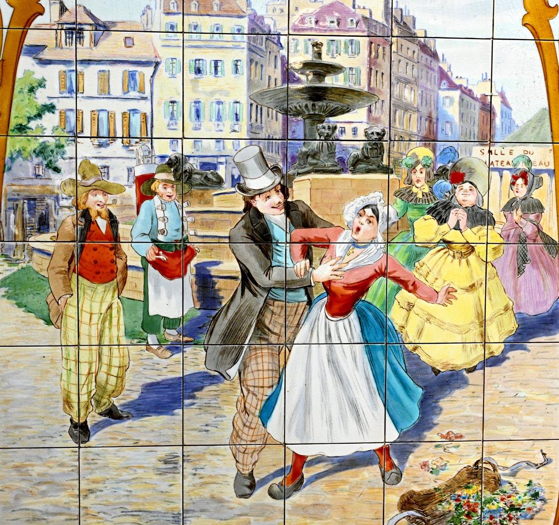 Der Abstieg der Courtille

Die erste Tafel stellt die berühmte Abfahrt der Courtille dar, eine Parade, die 1822 anlässlich des Pariser Karnevals entstand. Aufgrund seiner Beliebtheit wurde es zumindest bis 1859 und der Erweiterung von Paris jährlich