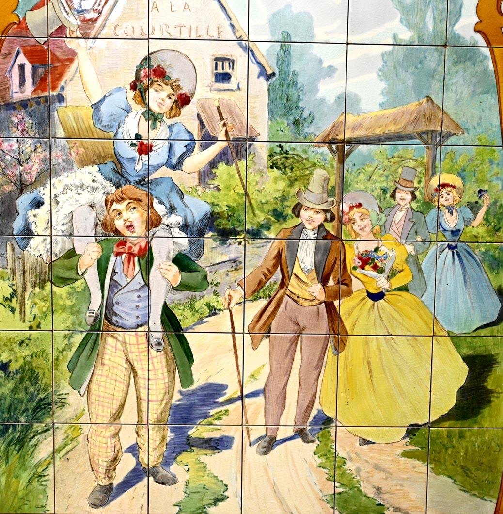 FAÏENCERIE DE SARREGUEMINES, Zwei keramische Tafeln mit Pariser Szenen, aus dem Jahr 1881 (Belle Époque) im Angebot
