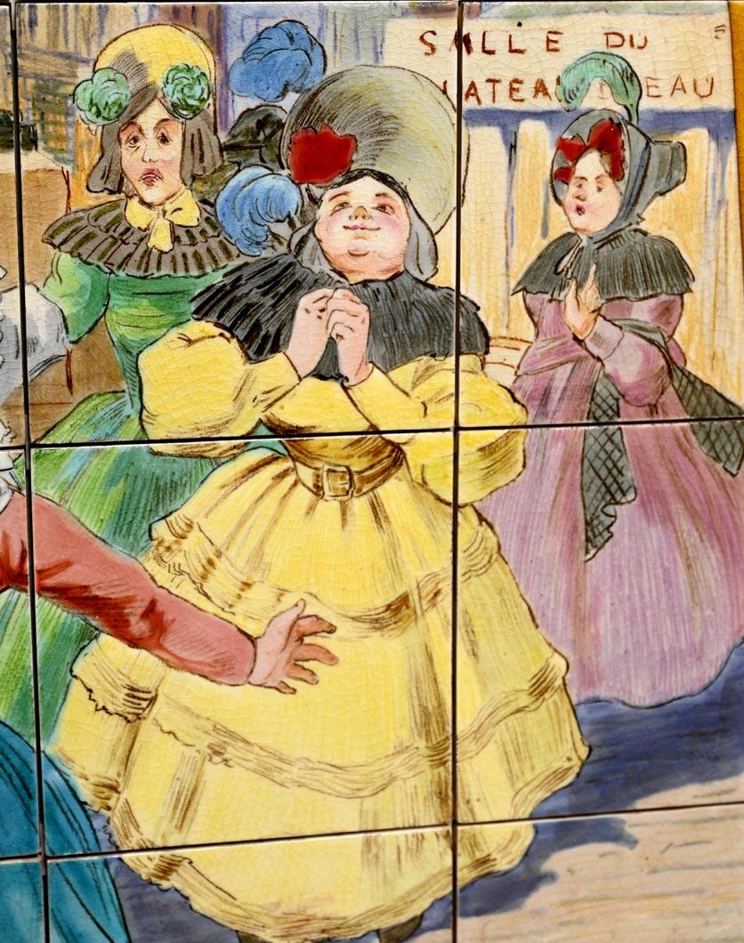 FAÏENCERIE DE SARREGUEMINES, Zwei keramische Tafeln mit Pariser Szenen, aus dem Jahr 1881 (Französisch) im Angebot