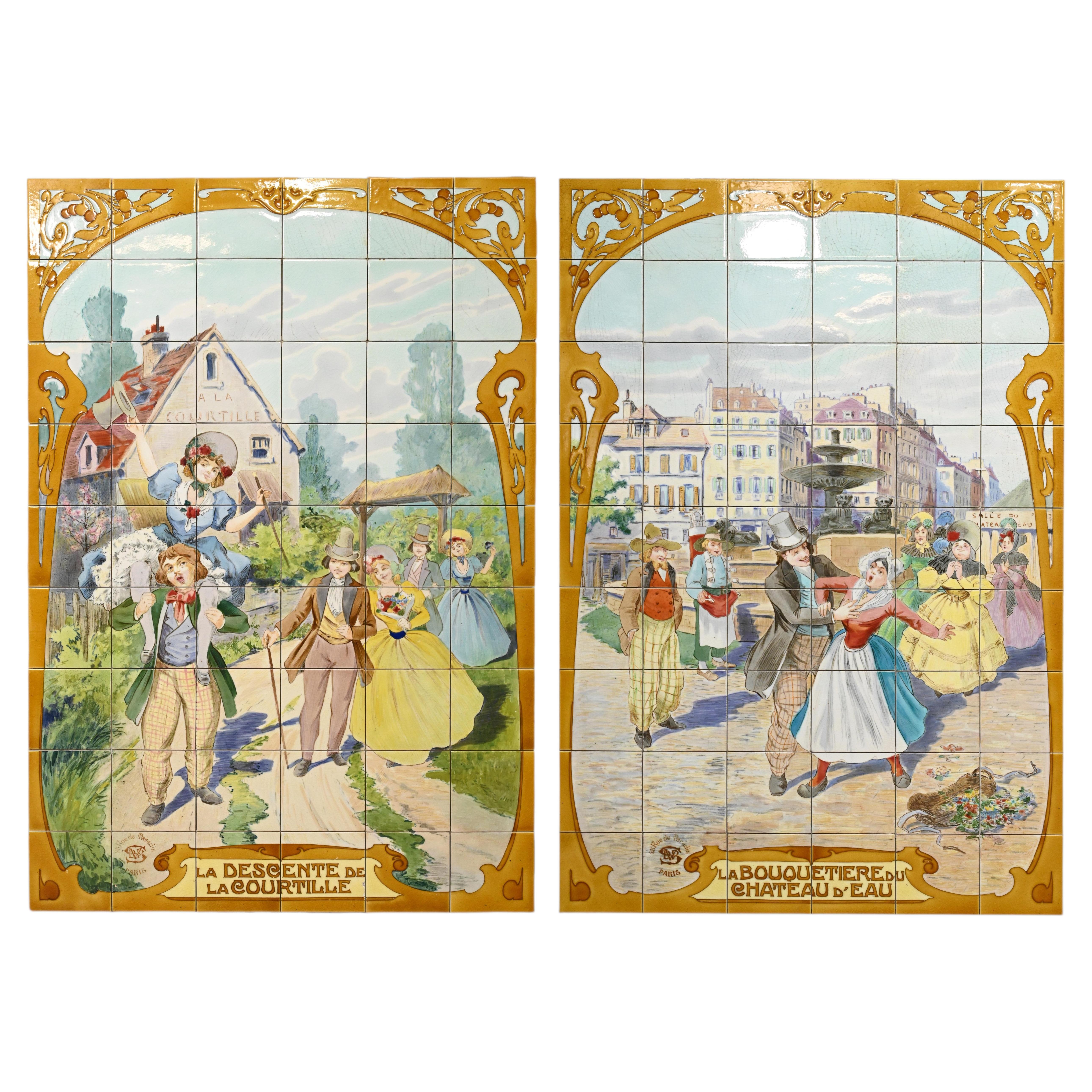 FAÏENCERIE DE SARREGUEMINES, Dos paneles de cerámica con escenas parisinas, de 1881