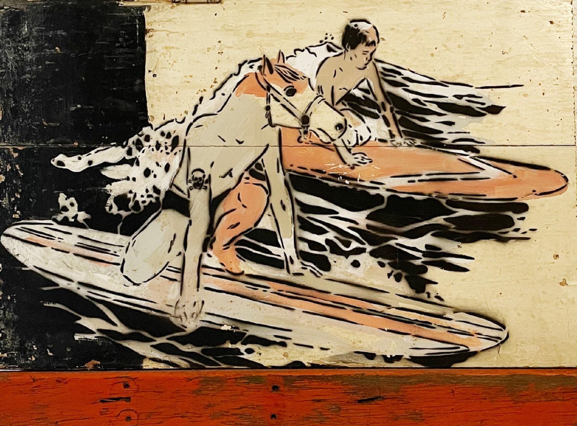 "Horse and Surfer" 

mixed media on recycled wood by Brooklyn-based Collective, Faile.

The painting explores and blurs the line between low and high culture, demonstrating an emphasis on audience participation, consumerism critique and religious