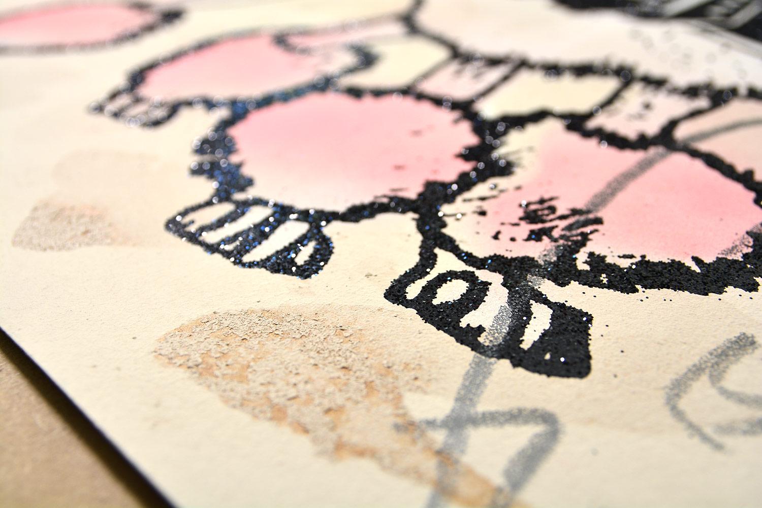 FAILE - DIAMOND FAILEDOODLE (BLACK/TAN)
Date of creation: 2022
Medium: Acrylic, spray paint, silkscreen ink and glitter on Archival Lenox 100
Edition number: 2/25
Size: 63.50 x 48.25 cm
Condition: In mint conditions, brand new and never