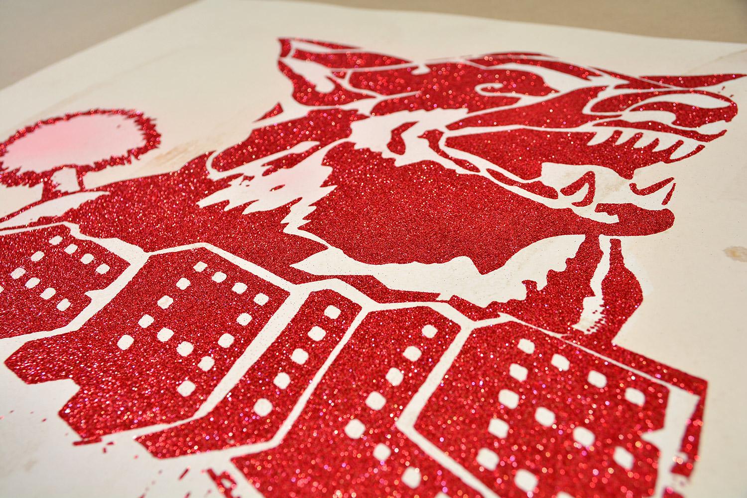 FAILE -DIAMOND FAILEDOODLE (RED/TAN). Mixed Media Pop Art Urban Glitter Graffiti - Print by Faile