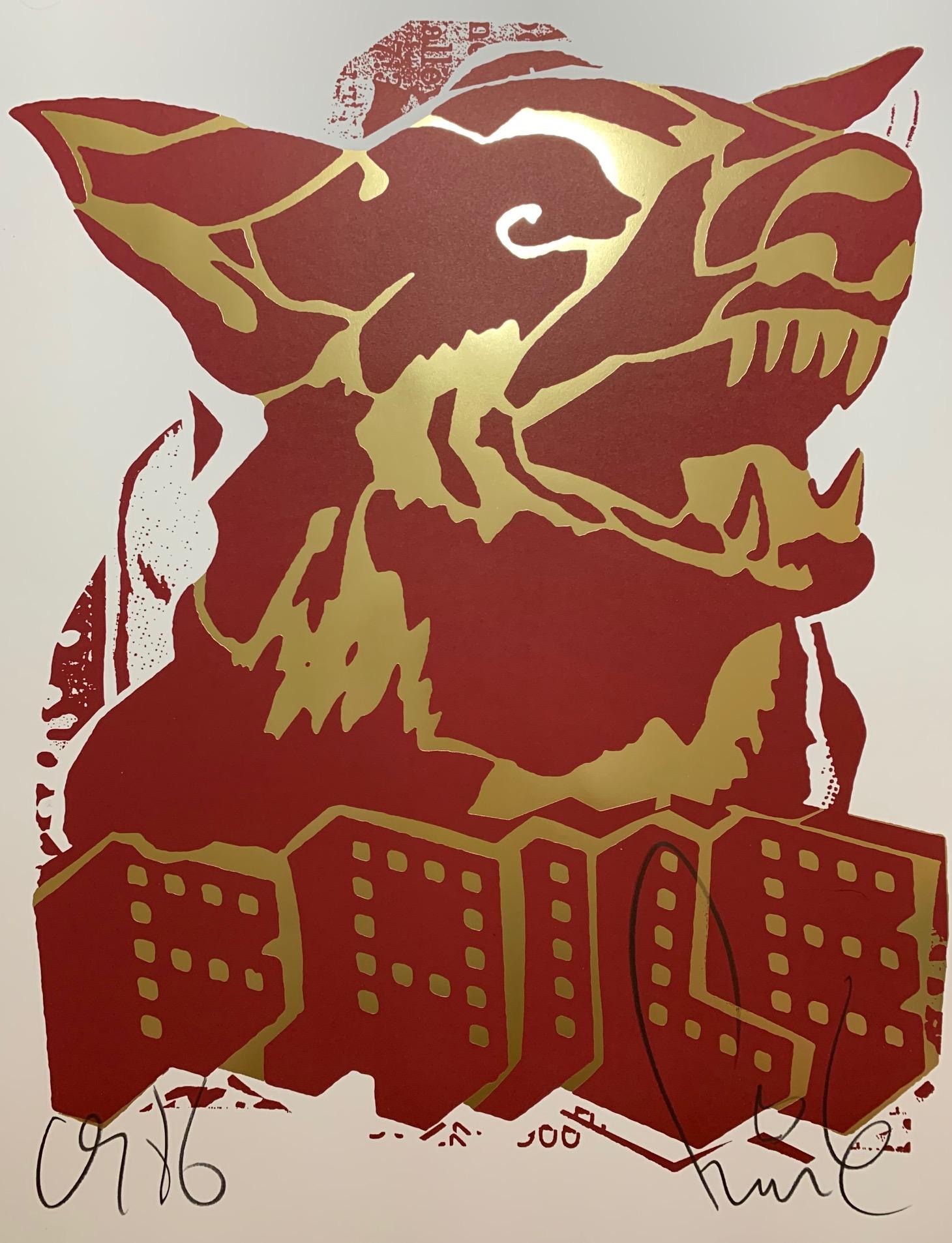FAILE DOG 2018 Edizione rossa e oro Inchiostri metallizzati oro Pop Art Street Art Urban - Print di Faile