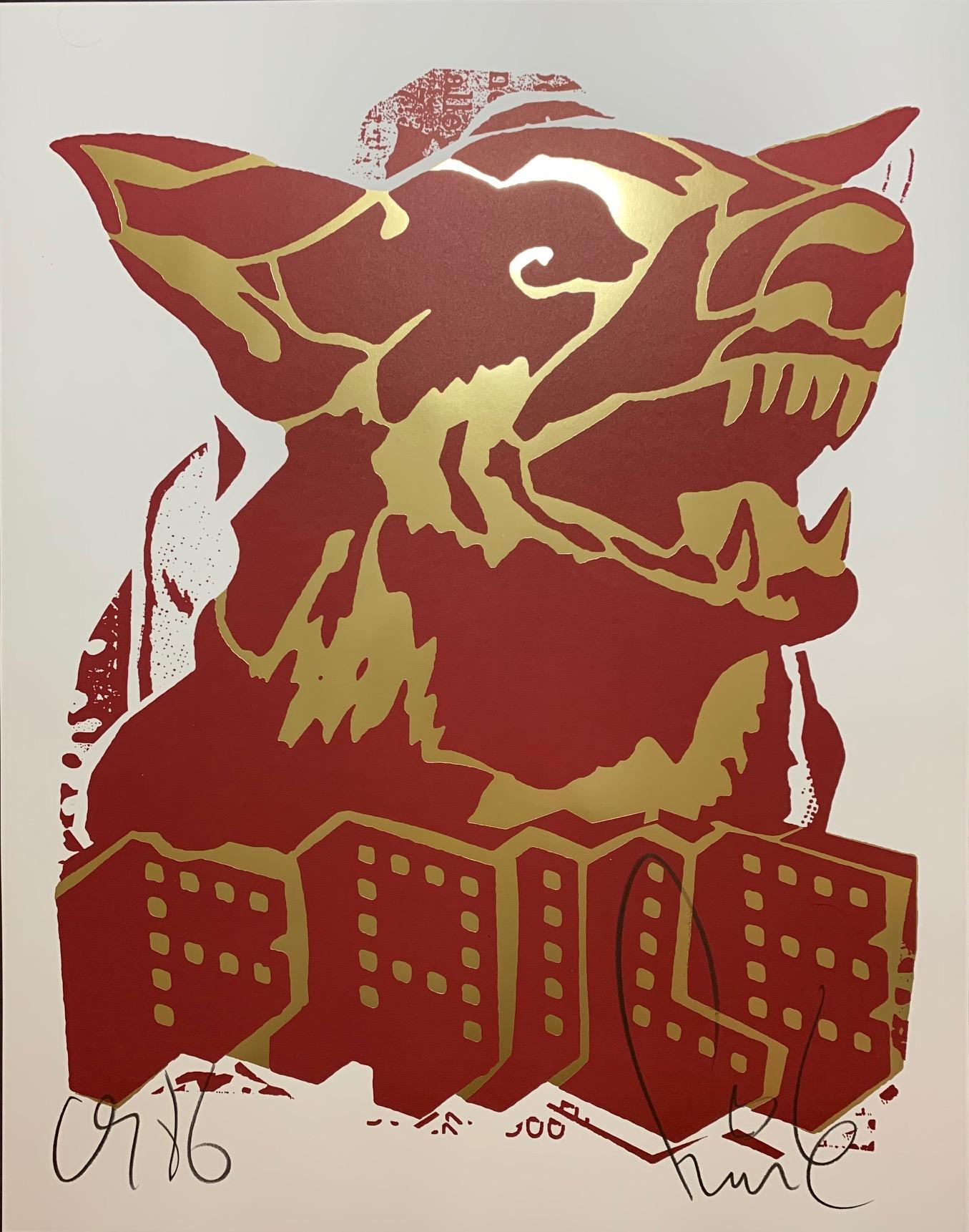 FAILE DOG 2018 Édition rouge et or en encres métalliques dorées Pop Art Street Art Urban  - Marron Animal Print par Faile