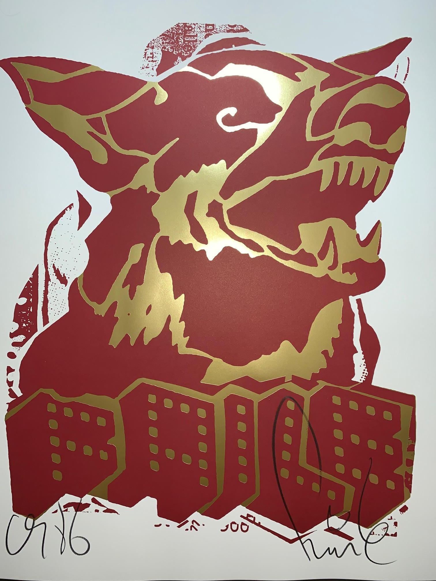 Animal Print Faile - FAILE DOG 2018 Édition rouge et or en encres métalliques dorées Pop Art Street Art Urban 