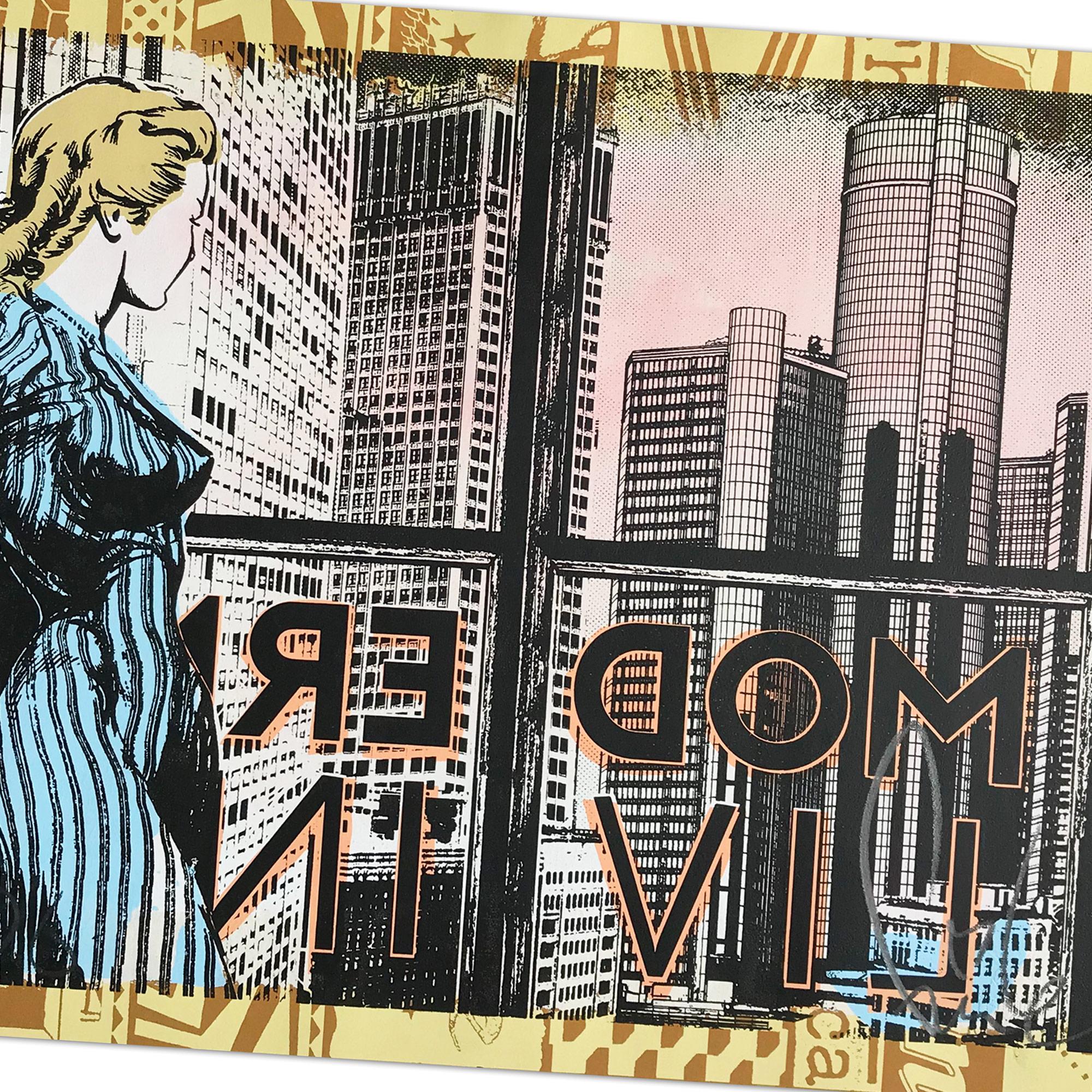 Vida moderna, Serigrafía pintada a mano, Arte callejero, Arte urbano, Graffiti - Abstract Print Beige de Faile
