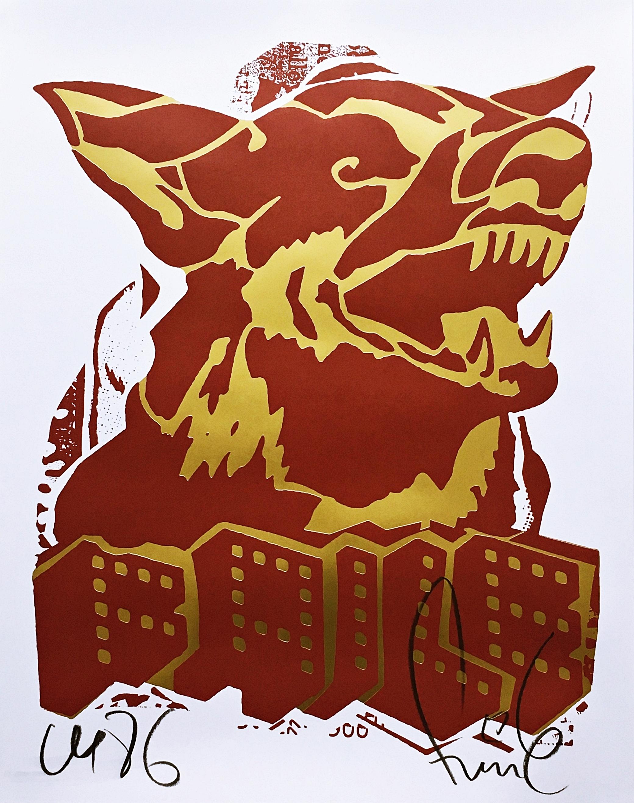 Le chien rouge (impression à l'édition limitée avec feuille d'or) par de célèbres artistes pop art de la rue  - Print de Faile