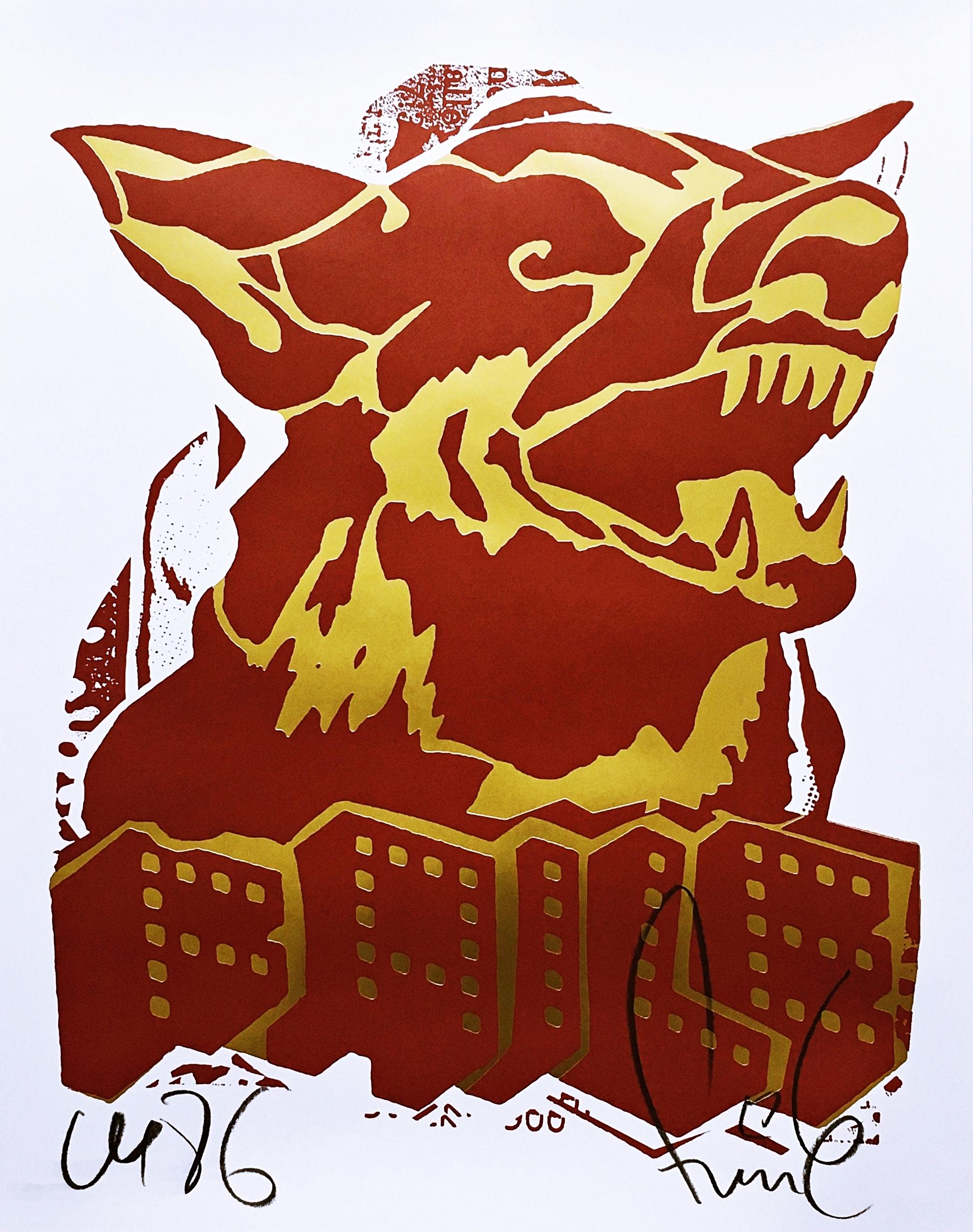 Abstract Print Faile - Le chien rouge (impression à l'édition limitée avec feuille d'or) par de célèbres artistes pop art de la rue 