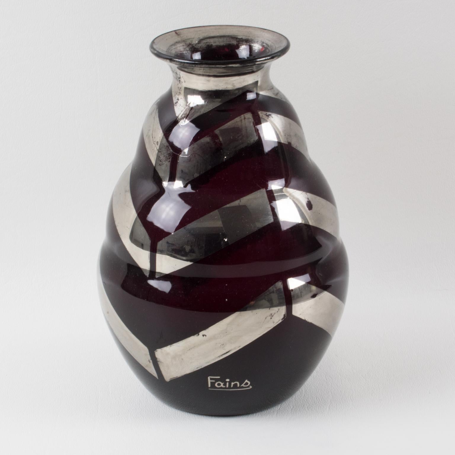 French Fains Art Deco Silver Overlay Black Opaline Glass Vase, France 1930s