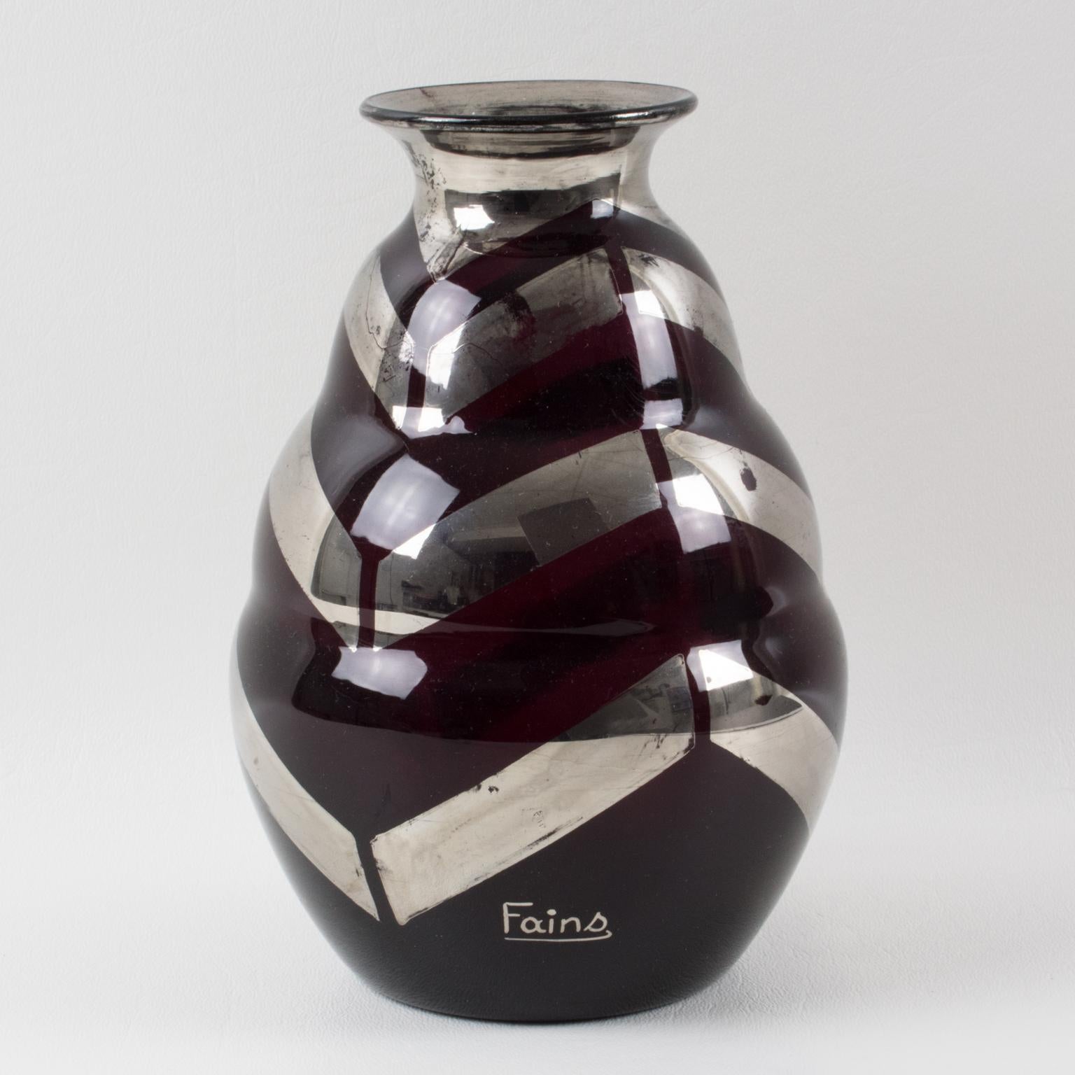 Fains Art Deco Silver Overlay Black Opaline Glass Vase, France 1930s In Good Condition In Atlanta, GA