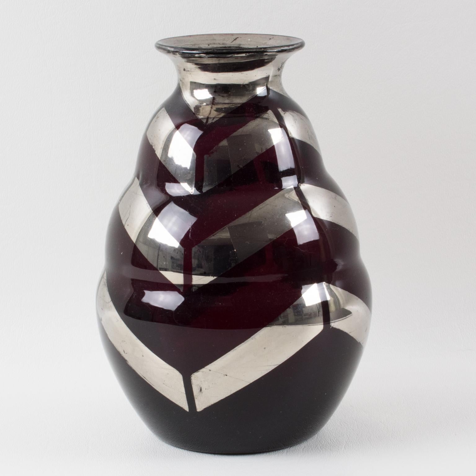 Mid-20th Century Fains Art Deco Silver Overlay Black Opaline Glass Vase, France 1930s