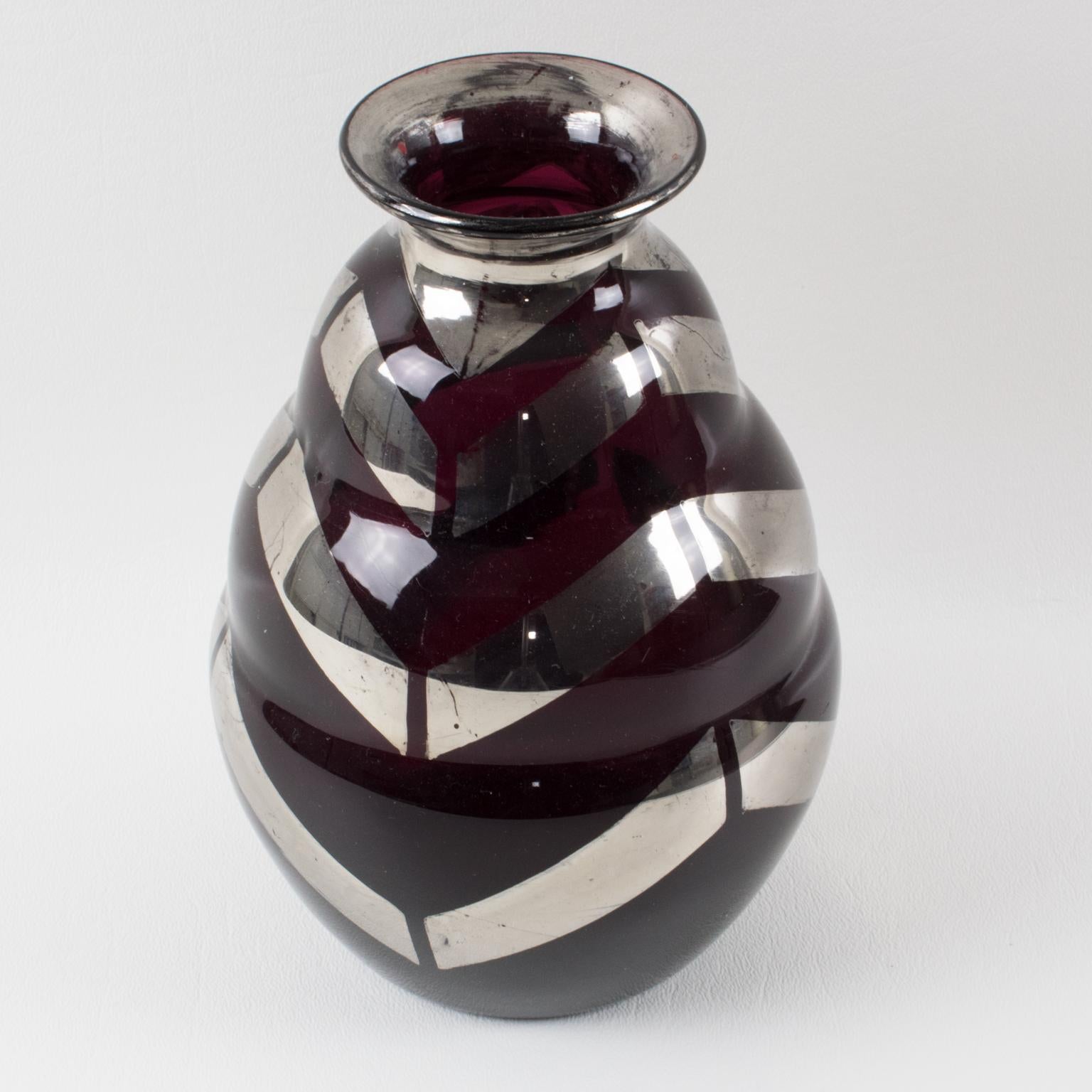 Fains Art Deco Silver Overlay Black Opaline Glass Vase, France 1930s 1