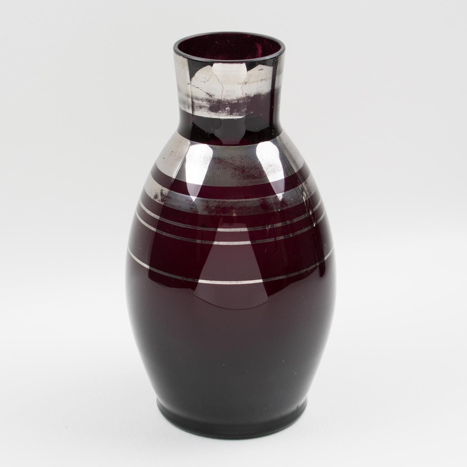 Fains Art Deco Silver Overlay on Black Opaline Glass Vase, a pair, 1930s For Sale 6