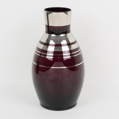 Fains Art Deco Silver Overlay on Black Opaline Glass Vase, a pair, 1930s