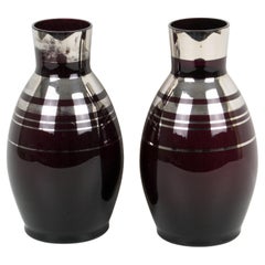 Fains Art Deco Silver Overlay on Black Opaline Glass Vase, a pair, 1930s