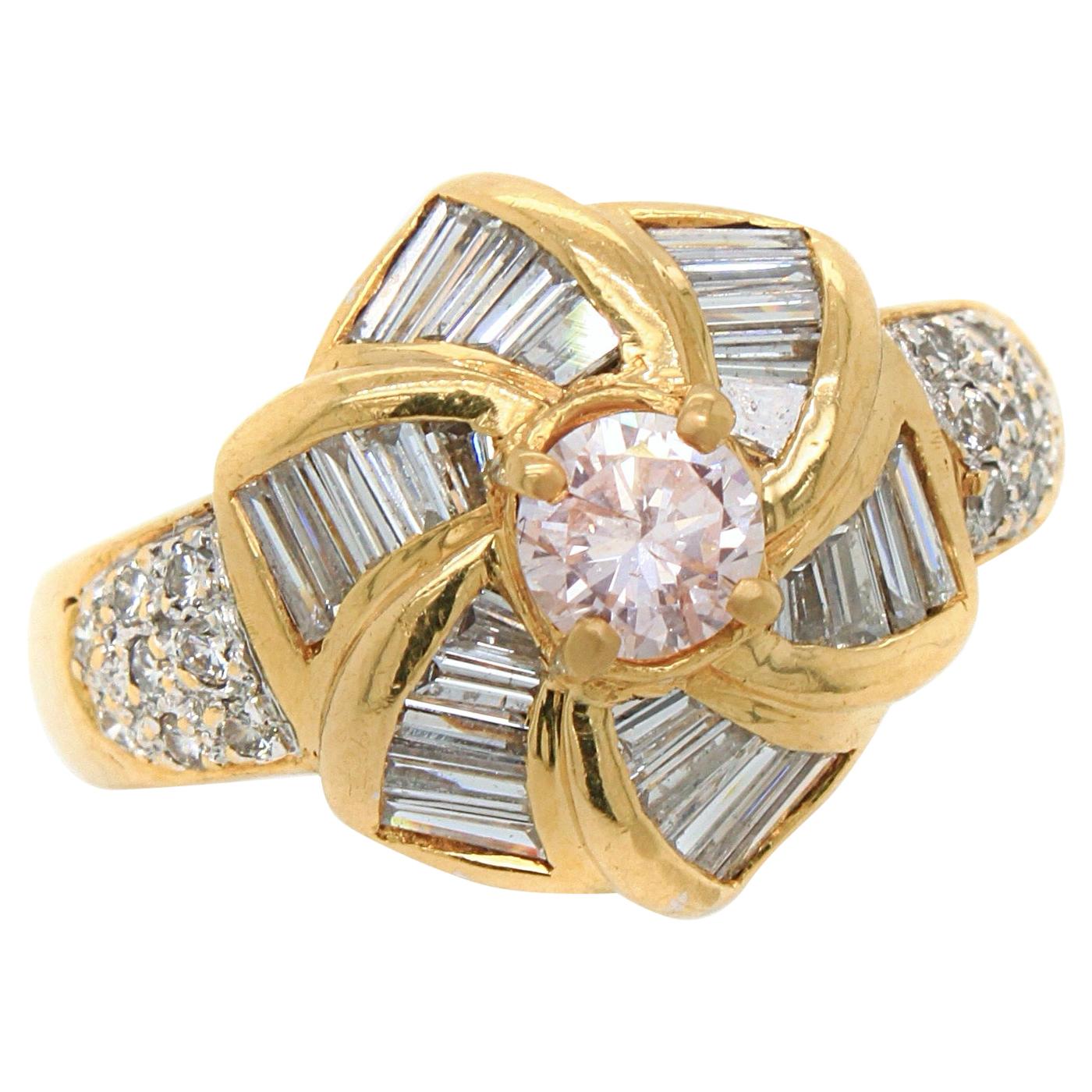 Faint Pink and White Diamond Windmill Ring, 20th Century For Sale