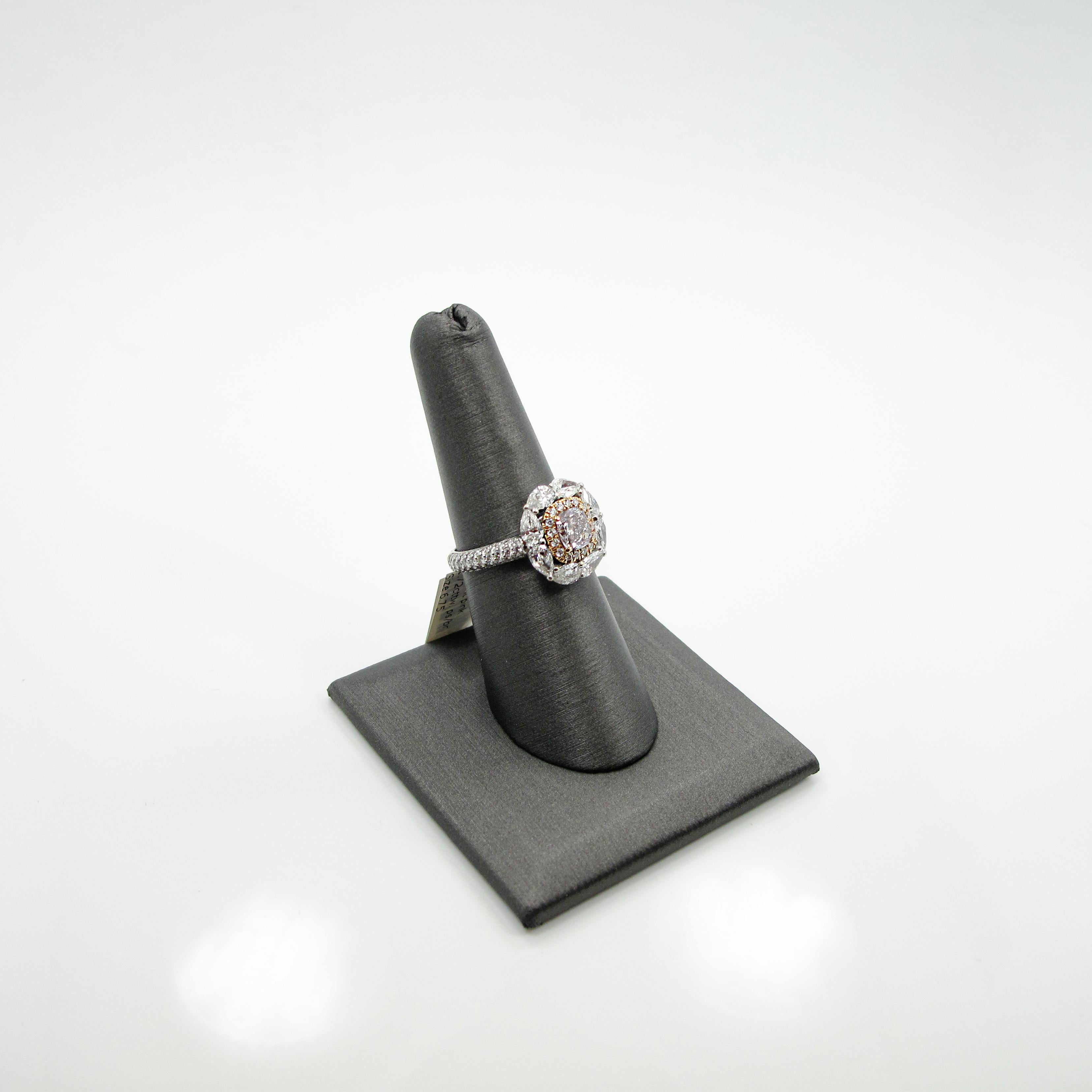Cushion Cut Faint Pink Cushion Diamond with Pear Halo and Pave Ring For Sale