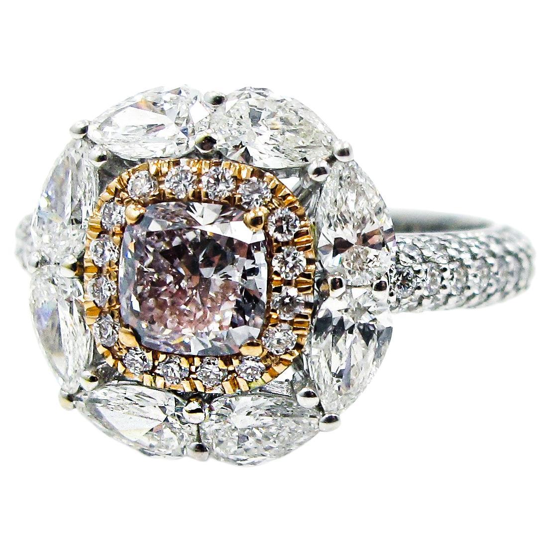 Faint Pink Cushion Diamond with Pear Halo and Pave Ring