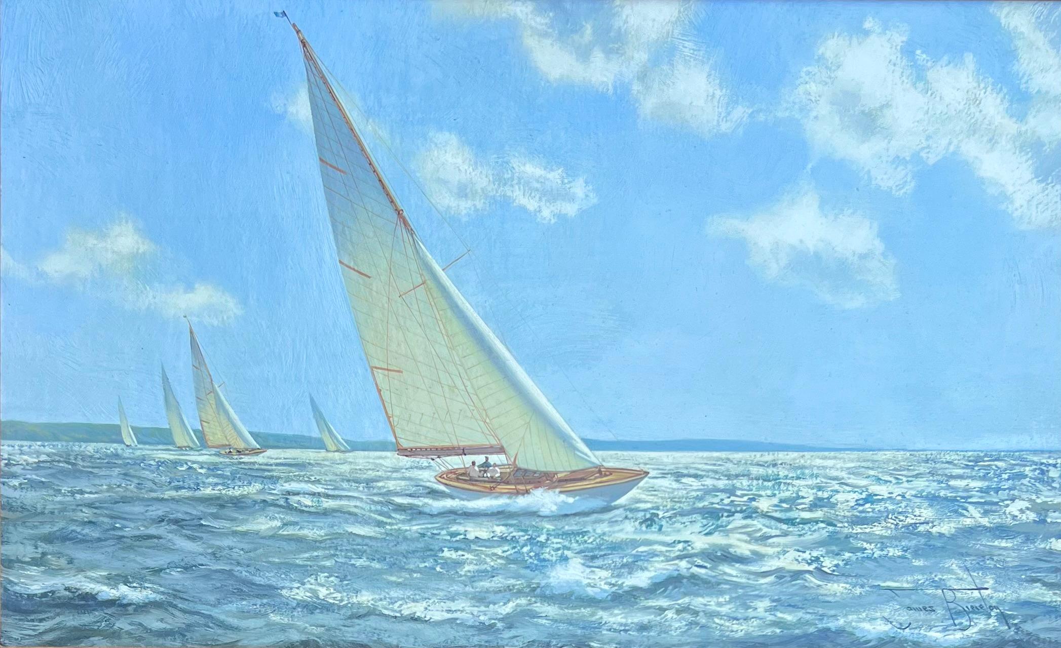 Oil on canvas, signed lower right.  Dimensions listed include the frame. Featuring sailboats off the coast on a beautiful day for a sail.

Brereton was born in Derby in 1954. He received his basic art training at the Derby Joseph Wright Art School