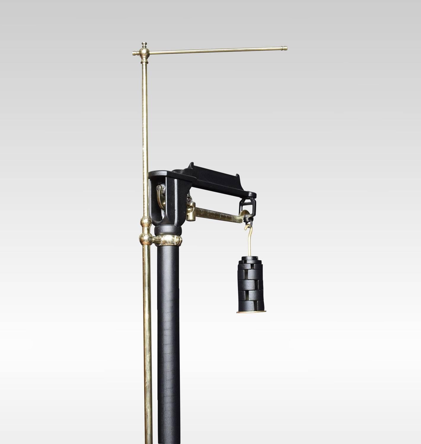 Fairbanks doctors scale in black with brass adjustable measuring stick, and cast iron pressure plate. Retaining there original weights.
Dimensions:
Height 61.5 inches
Width 11.5 inches
Depth 22 inches.